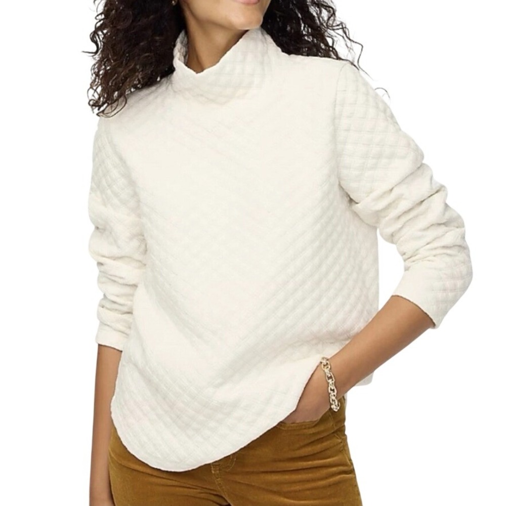 J. Crew Womens Quilted Mock Neck Pullover Ivory White Diamond Pattern BL249 M